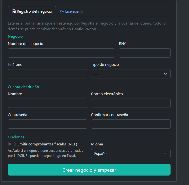 Pantalla de registro del negocio